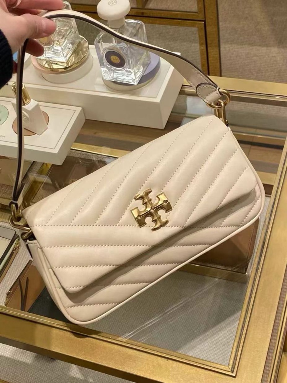 Tory Burch Kira Chevron Shoulder Bag Cream Leather